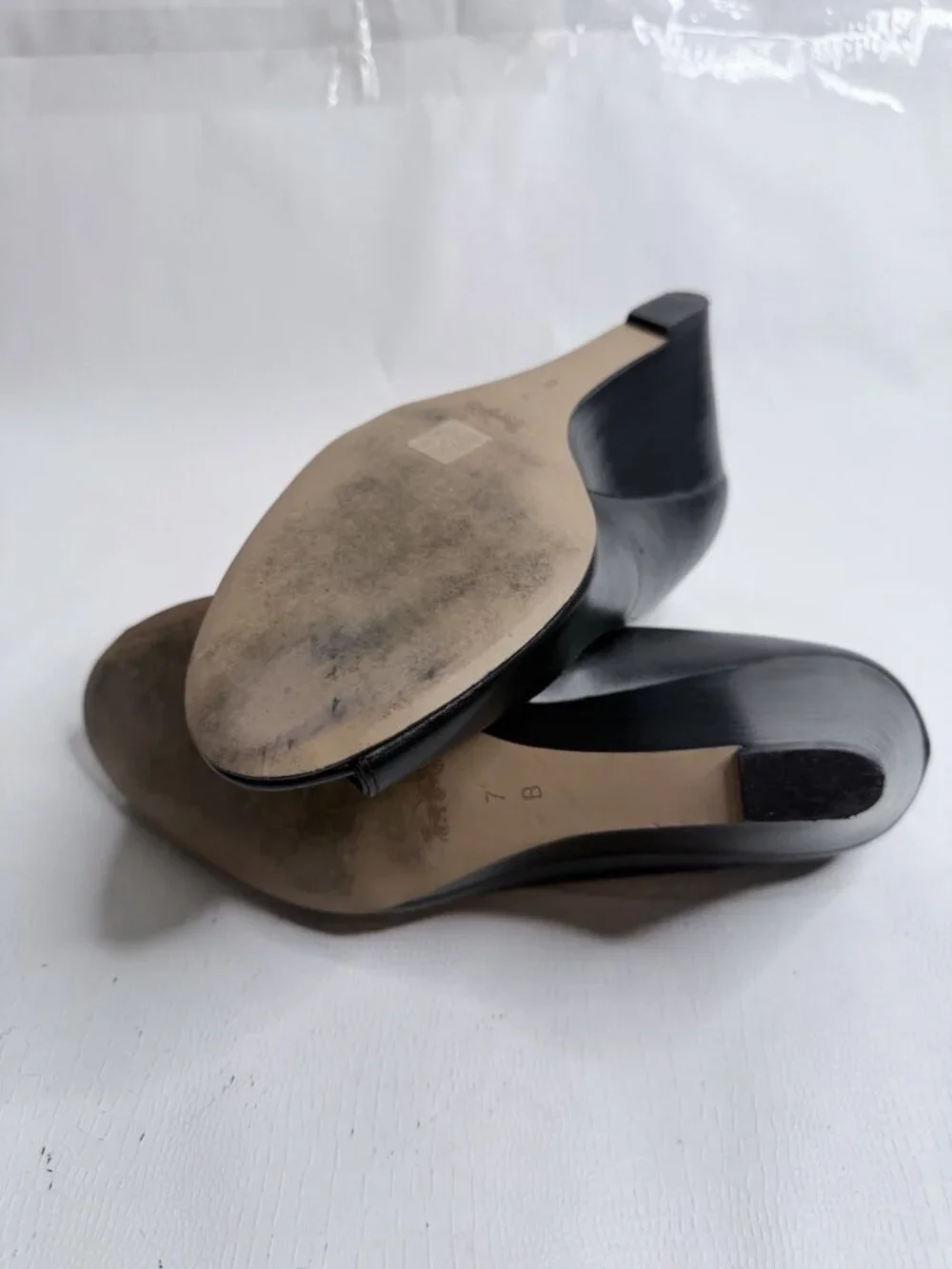 Coach Black Leather Peep Toe Wedge Heels Gold Badge Women’s Sz 7B